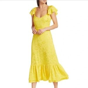 STAUD Marwa Flutter-Sleeve Midi Dress Yellow Floral, Size 4